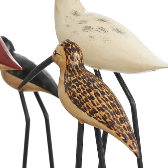 37" Brown Wood Bird Sculpture with Red Accents and Log Base